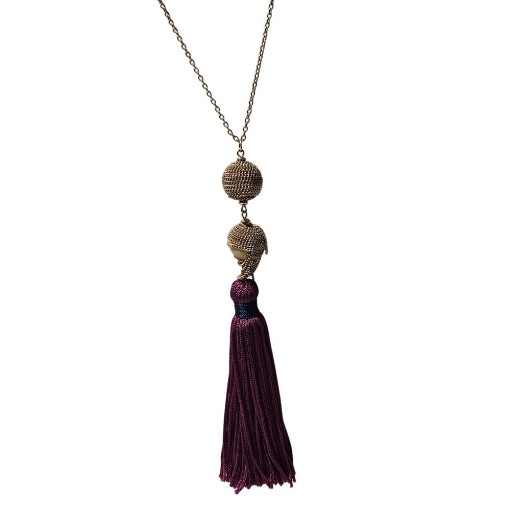 Boho Textured Gold Beads Purple Tassel Pendant Necklace Fashion Jewelry Women
